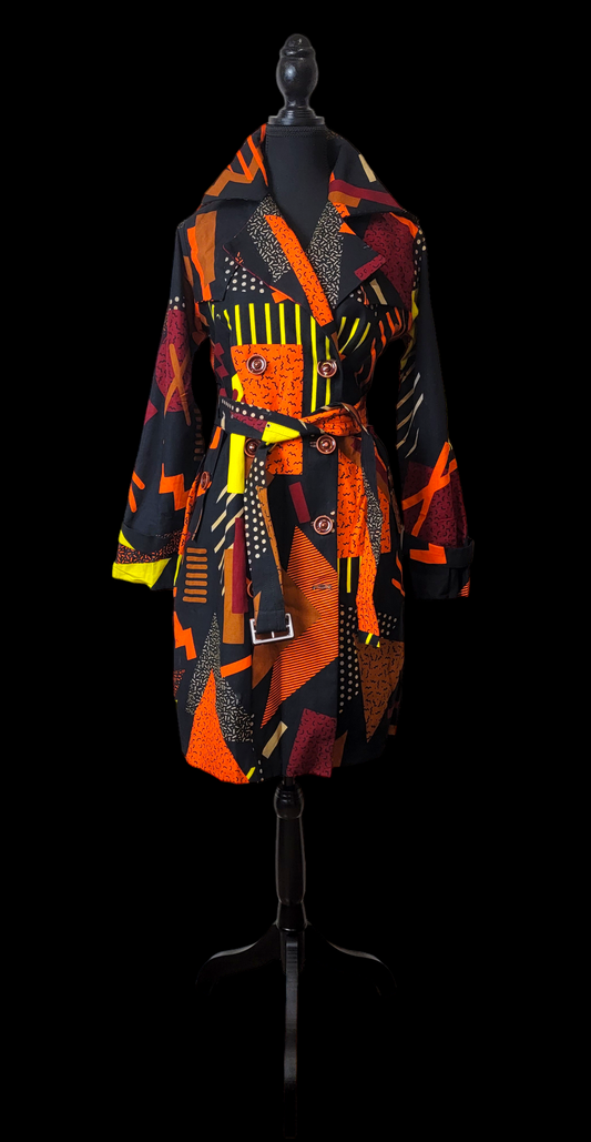 African Print Trench Coat - Midnight Flame
