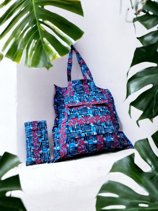 FOLDABLE AND WASHABLE ANKARA TOTE BLUE RED